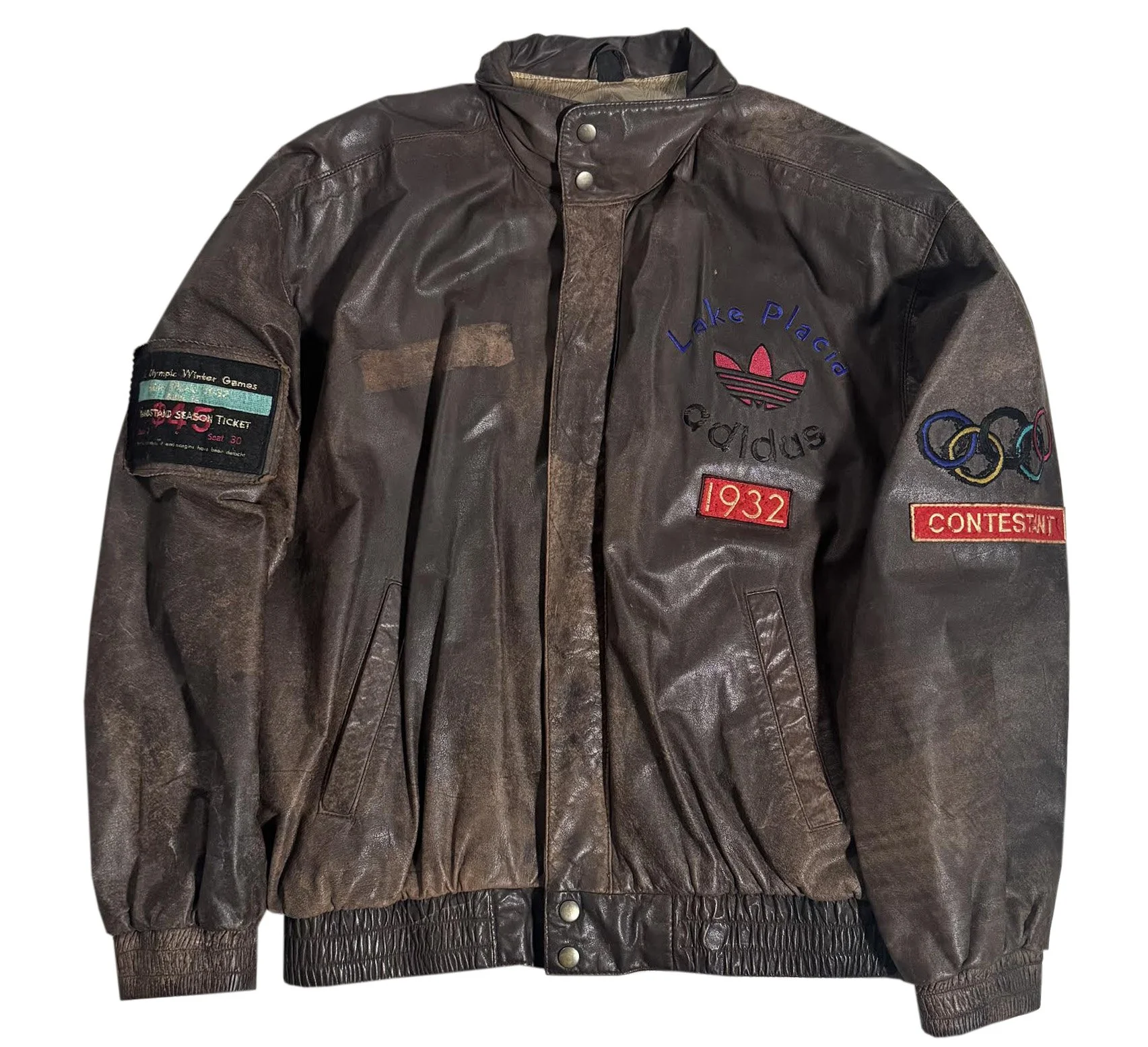 Vintage Adidas Lake Placid 1932 Olympic Leather Jacket (Size L